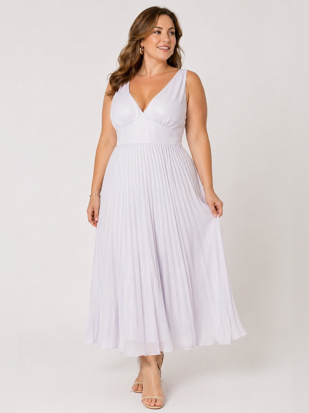 V-Neck Pleated Midi Dress in color White.  Size  Large / X-Large . Satin